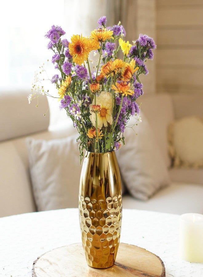 Behoma Metal Hammered Vase for Home Decor Decoratives for Indoor Living Room | Best Gift for Birthday Anniversary Valentine's Day |Golden Half Hammered Oblong Shape 1 Large Pcs (Flower not Included) - Image 2